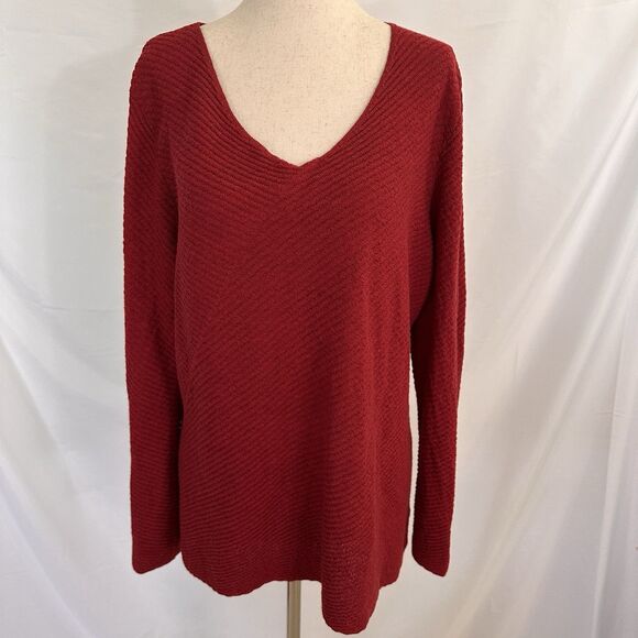 Eileen Fisher Boucle 100% Merino Wool Red Sweater Size XL V Neck - Picture 1 of 8